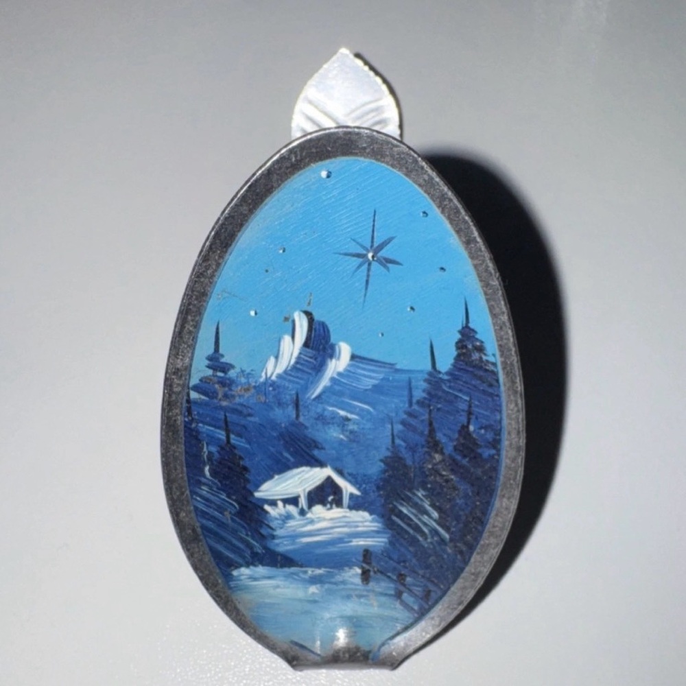 Hand Painted Decorative Metal Spoon Blue Silver Winter Scene Collectible